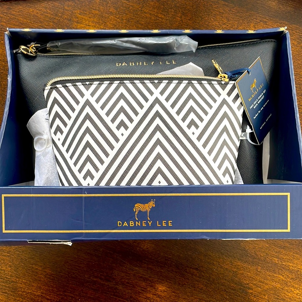 NWT DABNEY LEE 2 Piece Mini Bag Set with Wristlet, Black & White Geometric